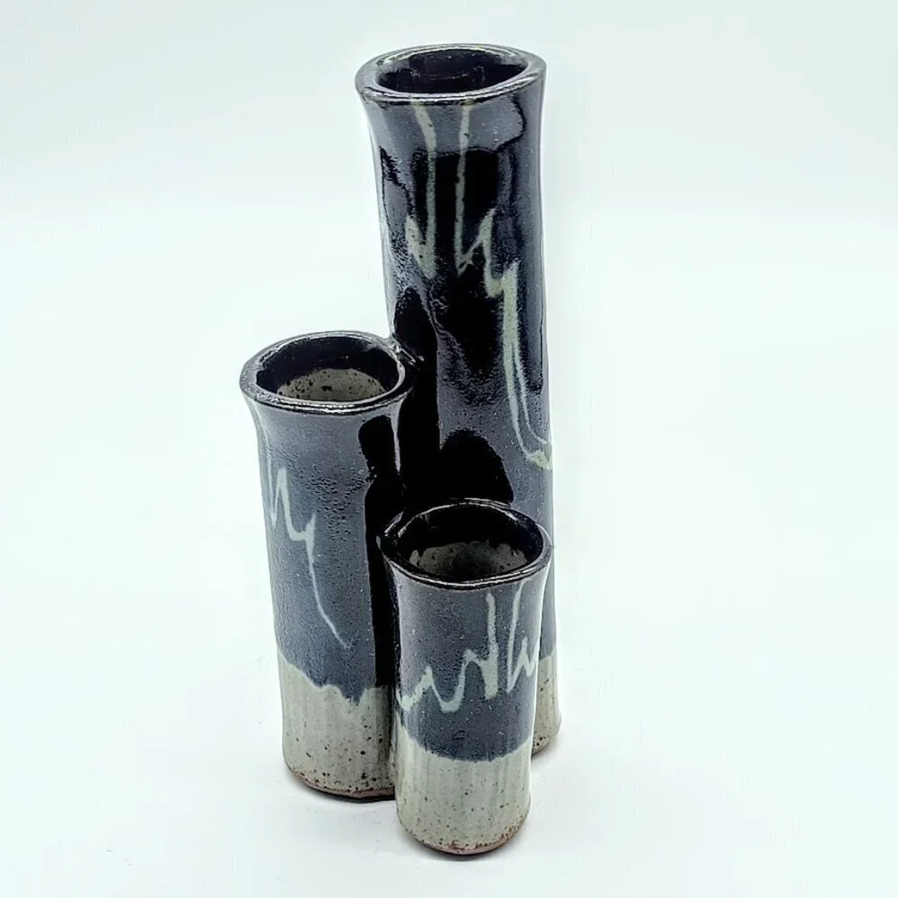 Handmade Blue Grey Glazed Drip Triple Tube Ceramic Pottery Vase